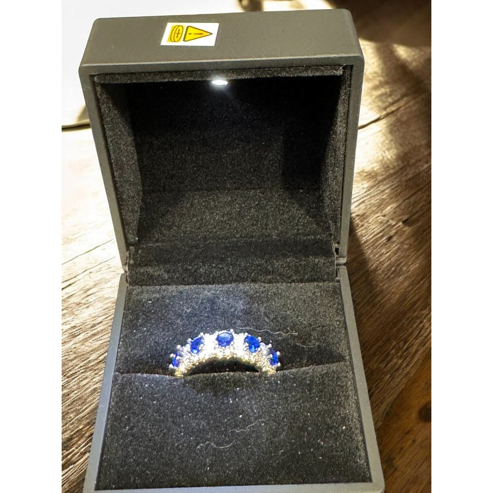 Blue Sapphire Tone Silver Costume Ring Size 8 Five Stone Halo Band